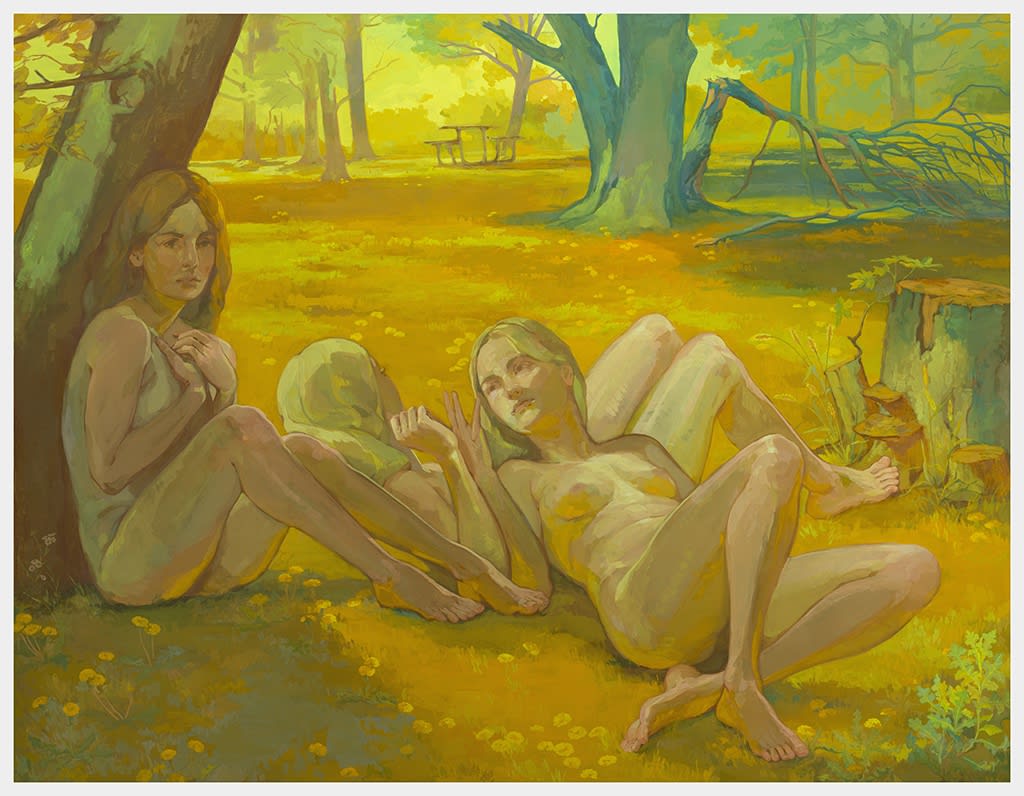 An image of Rachel Gregor Still Summer, 2023. The painting shows two nude girls lounging in a park on the grass under trees. The image takes on a yellow-ish sepia tone. 