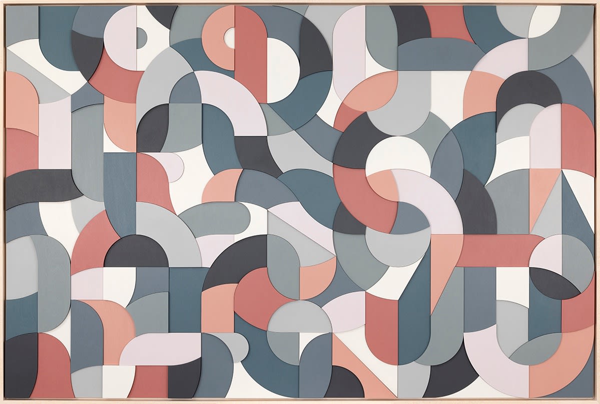 An artwork image of Scott Albrecht's Searching for the Shadow of the Sun, 2023. The image is an abstract painting of blue, pink, and white circles and semi circles that subtly spell out the title of the painting. 