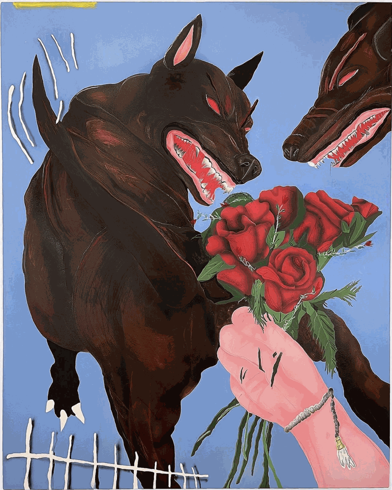 David Heo's painting of a barking dog with flowers