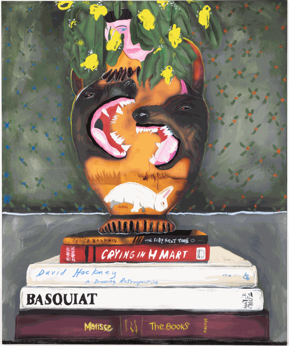 David Heo's still life painting of books and a vase with a dog on it 