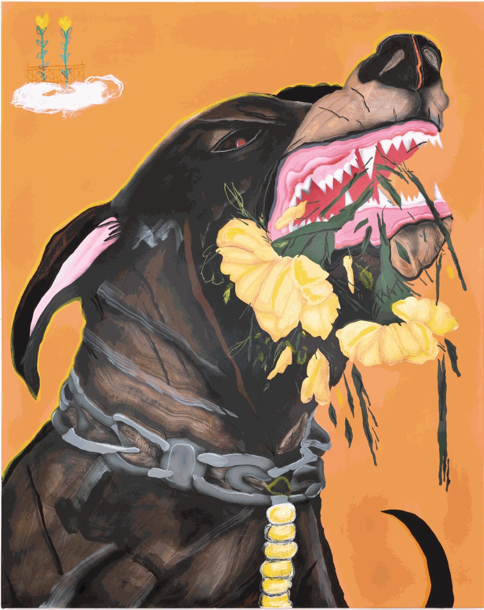 David Heo's painting of a barking dog with flowers