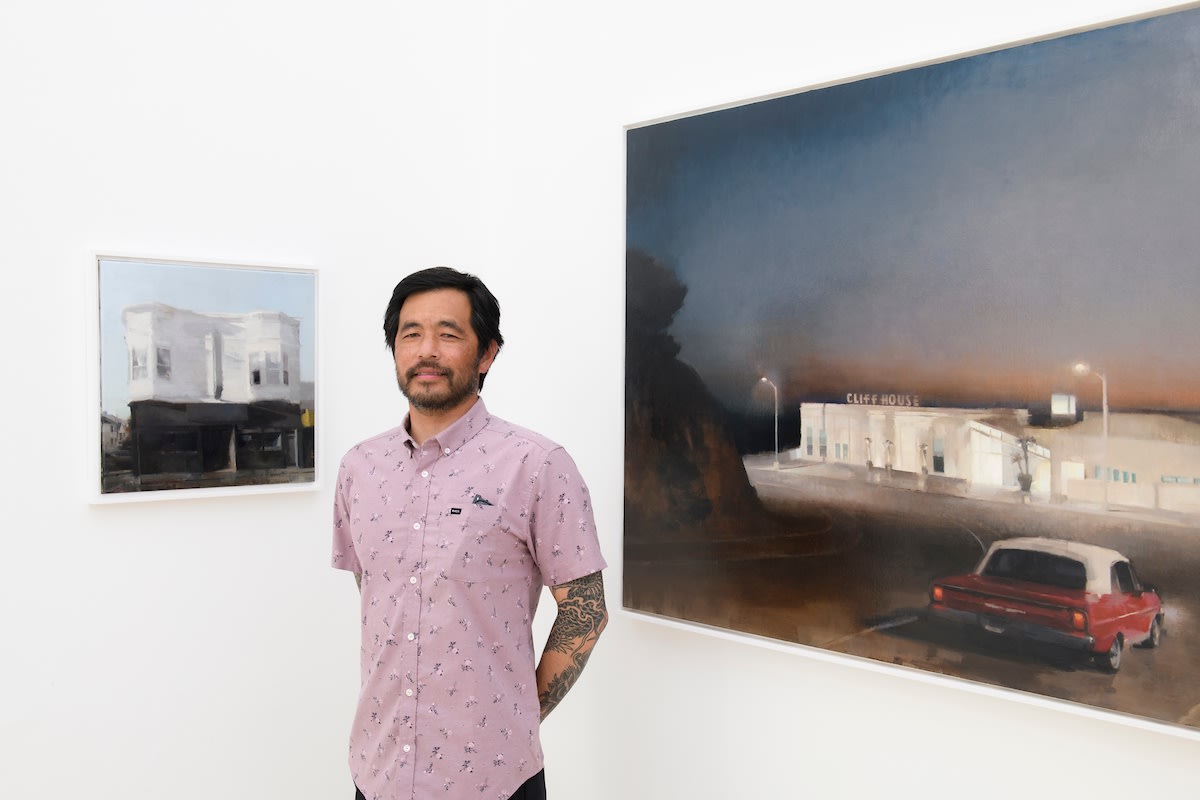 Kim Cogan in front of his works at Hashimoto Contemporay SF