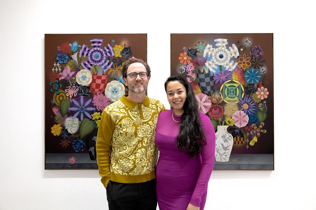 Casey Gray poses with Hashimoto Contemporary Director Dasha Matsuura at the opening of his solo exhibition Sweet Bountiful Life. 