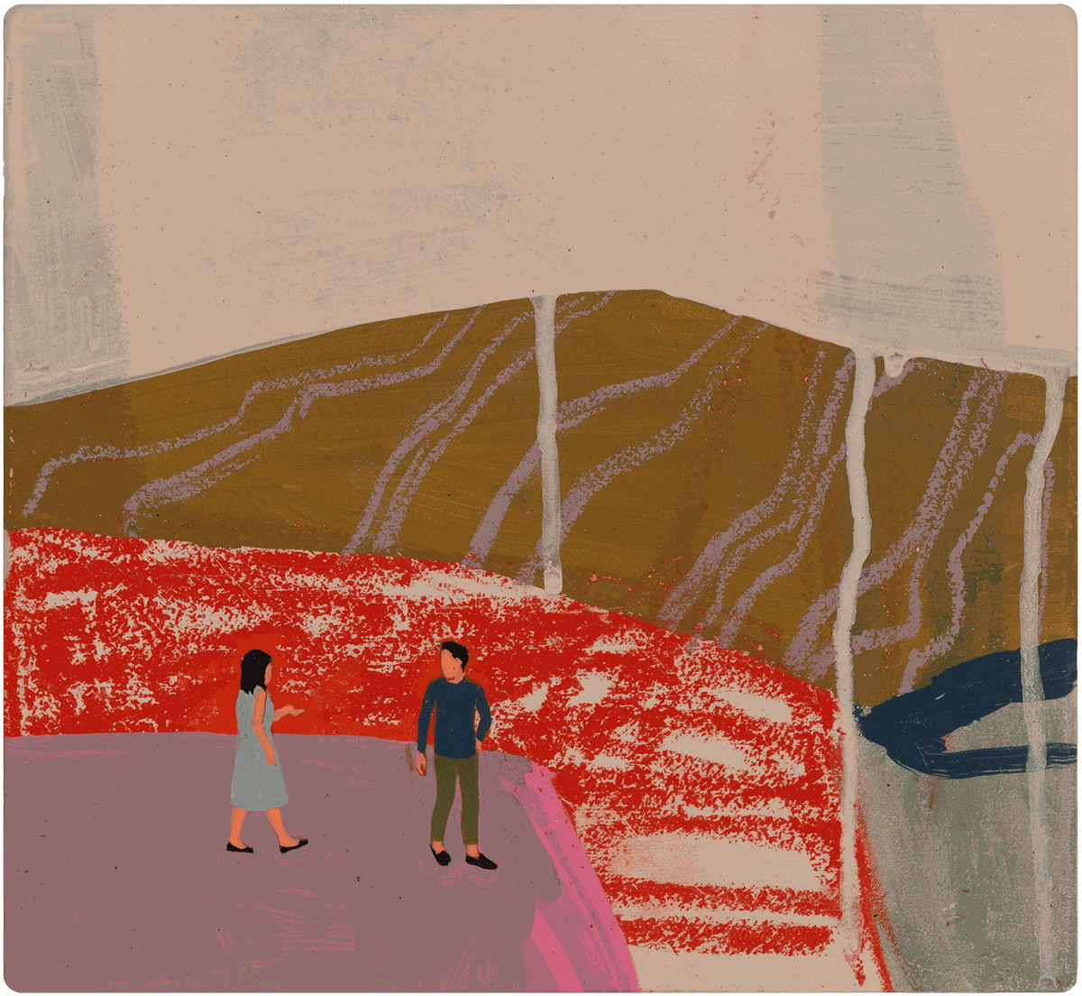 An image of Seonna Hong Give or Take, 2023. The artwork is a painting with pink and green mountains and small faceless people. 