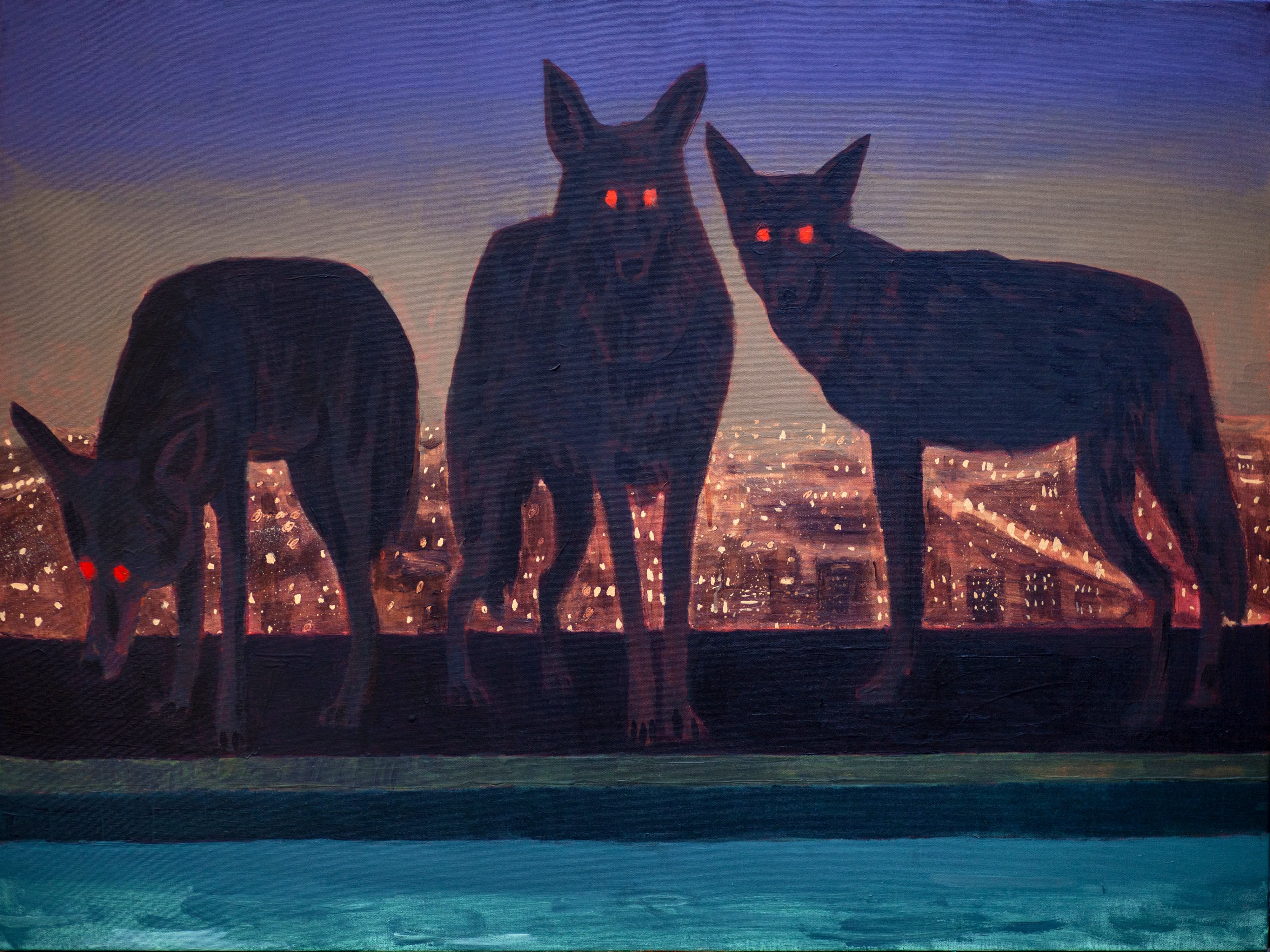 Woodrow White's painting of a three coyotes 