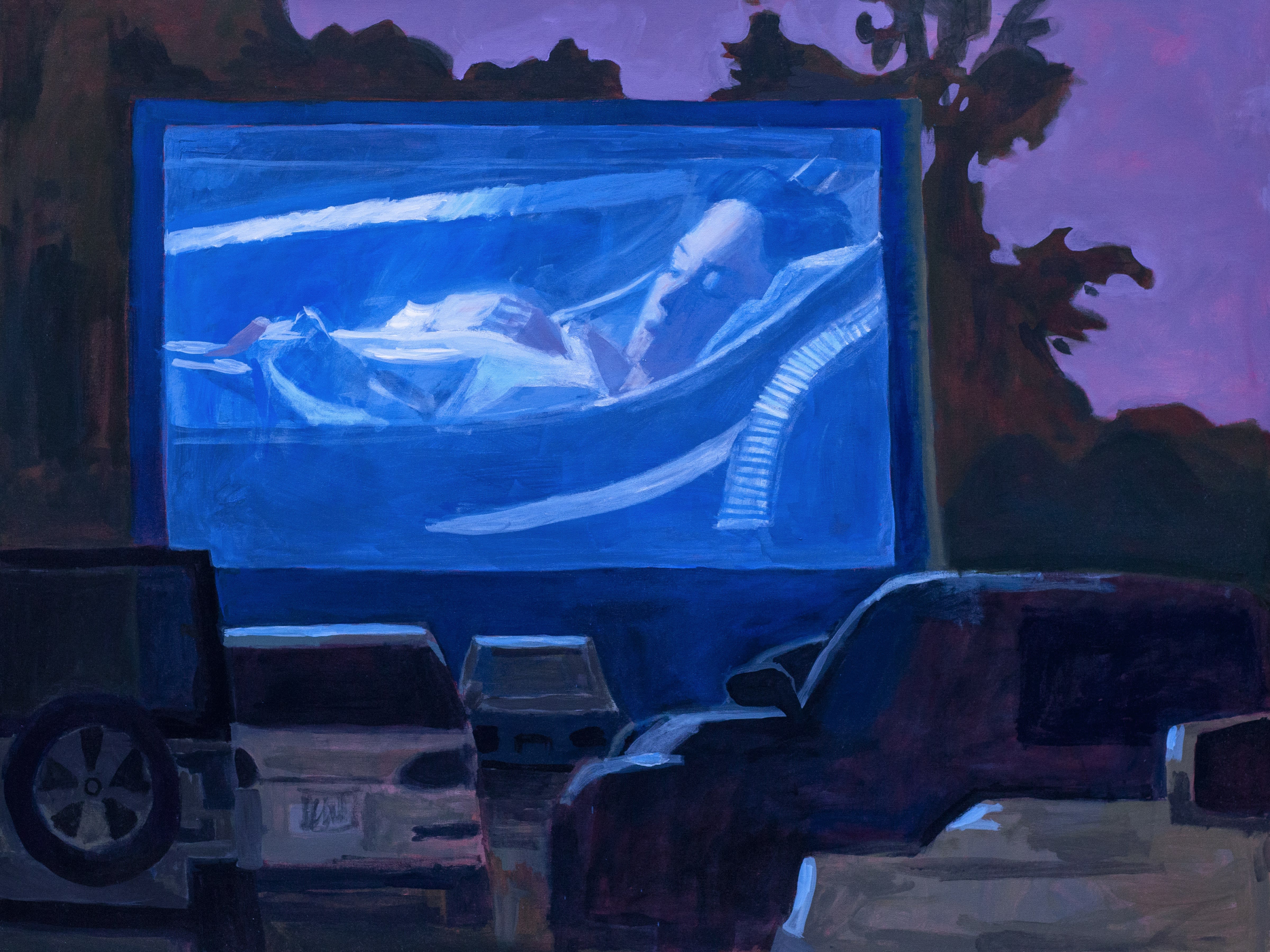 Woodrow White's painting of a drive in movie showing a film 