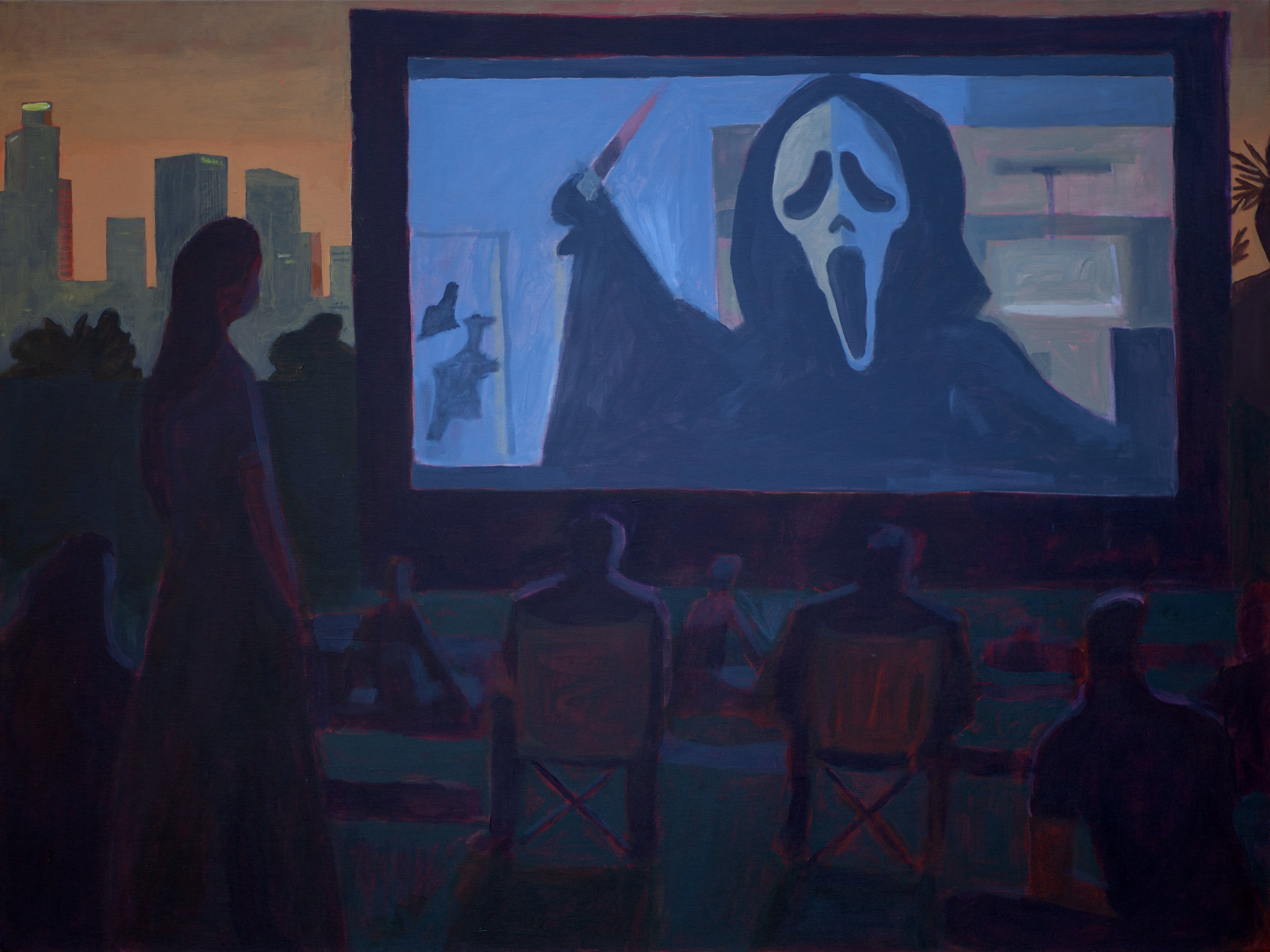 Woodrow White's painting of a drive in movie showing a film 