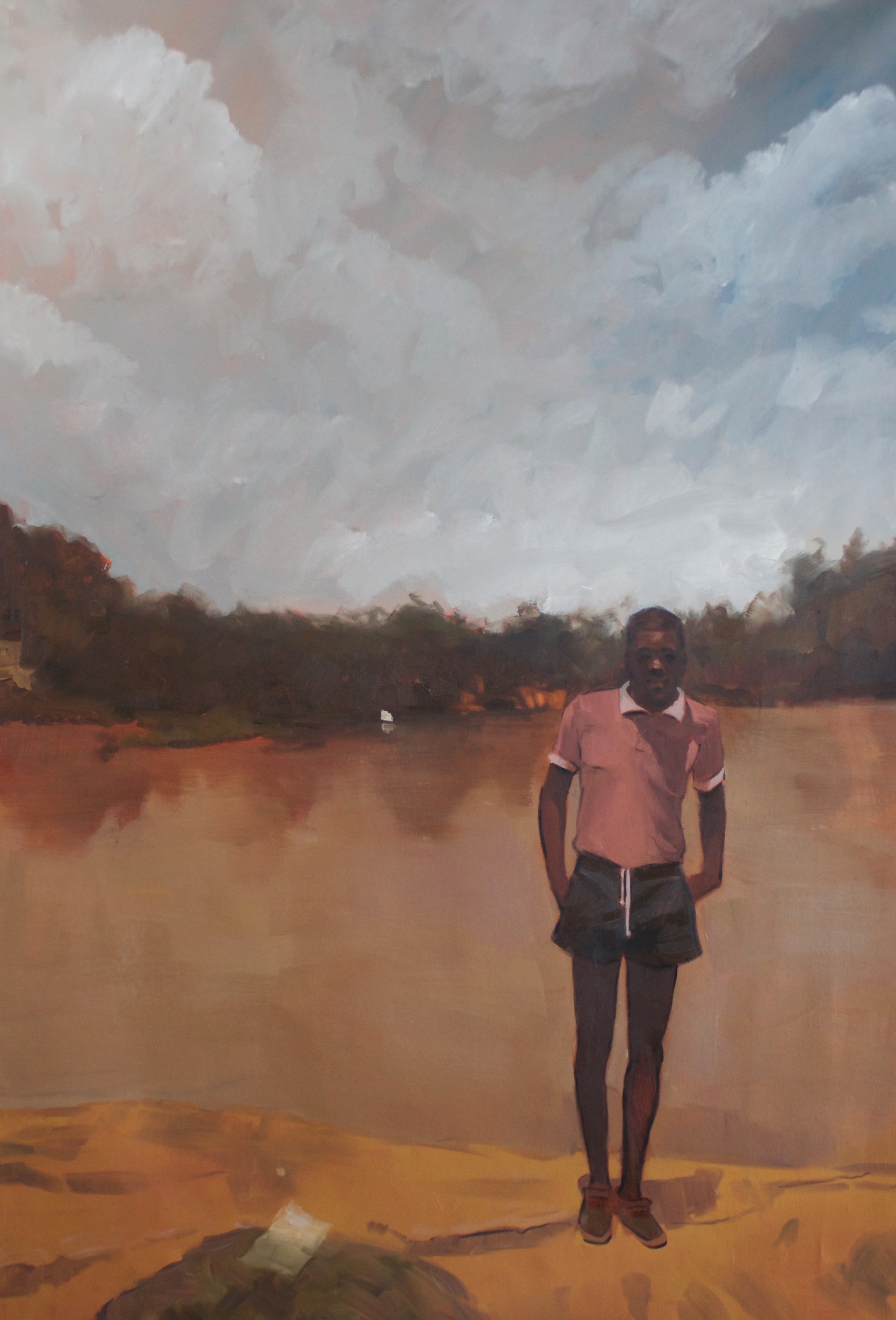 Artwork by Riley Holloway showing a young African American man or boy in front of a sabulous landscape.