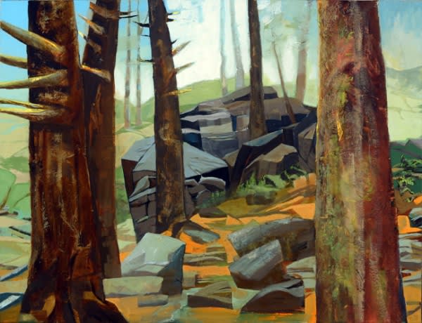 Mariella Bisson, Trees, Morning Mist, Smoky Mountains, Oil and mixed media on linen 38 x 50 x 2 inches