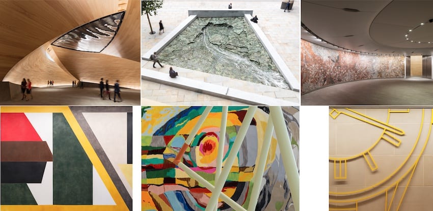 This image is a collage of six different photographs, possibly from various locations within a modern art museum or architectural spaces.  Top row, from left to right: 1. An interior view of a large, airy space with a curvilinear wooden structure, possibly a staircase, dominating the scene. Small figures of people give a sense of scale. 2. An aerial view of an outdoor installation featuring a large, recessed geological formation with stratified rock layers, surrounded by a walkway with people looking down into it. 3. A spacious, circular room with a continuous, wide bench along the perimeter under a soft-lit ceiling. The walls are adorned with a mural or large-scale artwork with warm tones, creating an immersive environment.  Bottom row, from left to right: 4. A geometric abstract painting with bold, flat areas of color including red, black, green, and beige, arranged in a series of intersecting shapes. 5. A vibrant, colorful abstract painting featuring swirls of bright colors interlaced with white bands, giving an impression of dynamic movement. 6. A minimalist art installation consisting of yellow linear elements, possibly pipes or tubes, arranged against a white wall in a way that creates a pattern of shadows, adding to the three-dimensional effect.  The collage showcases a range of artistic expressions, from architecture and landscape design to abstract painting and installation art, reflecting a contemporary and possibly avant-garde aesthetic.