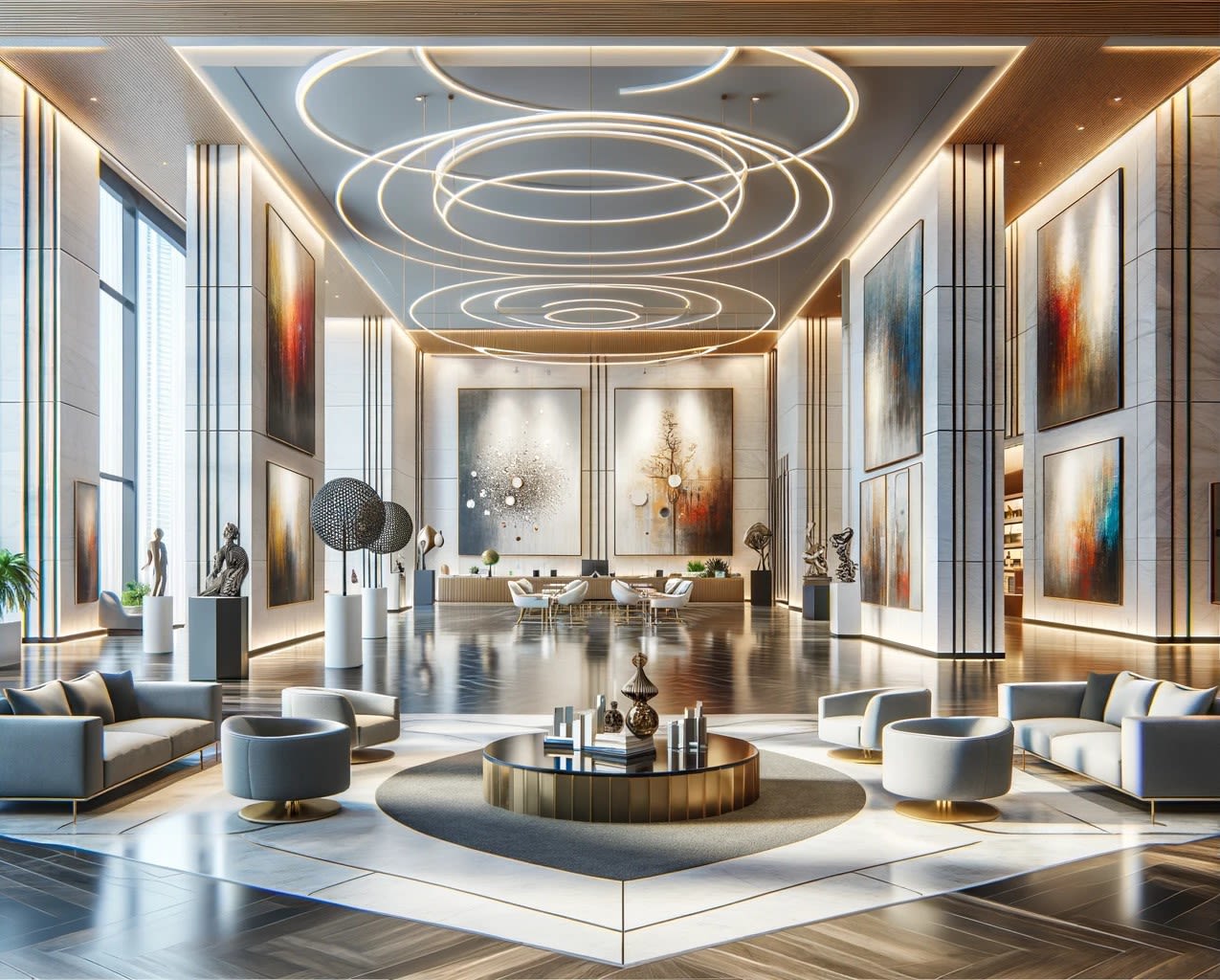 depicting a modern corporate office lobby enhanced by a variety of contemporary artworks. 