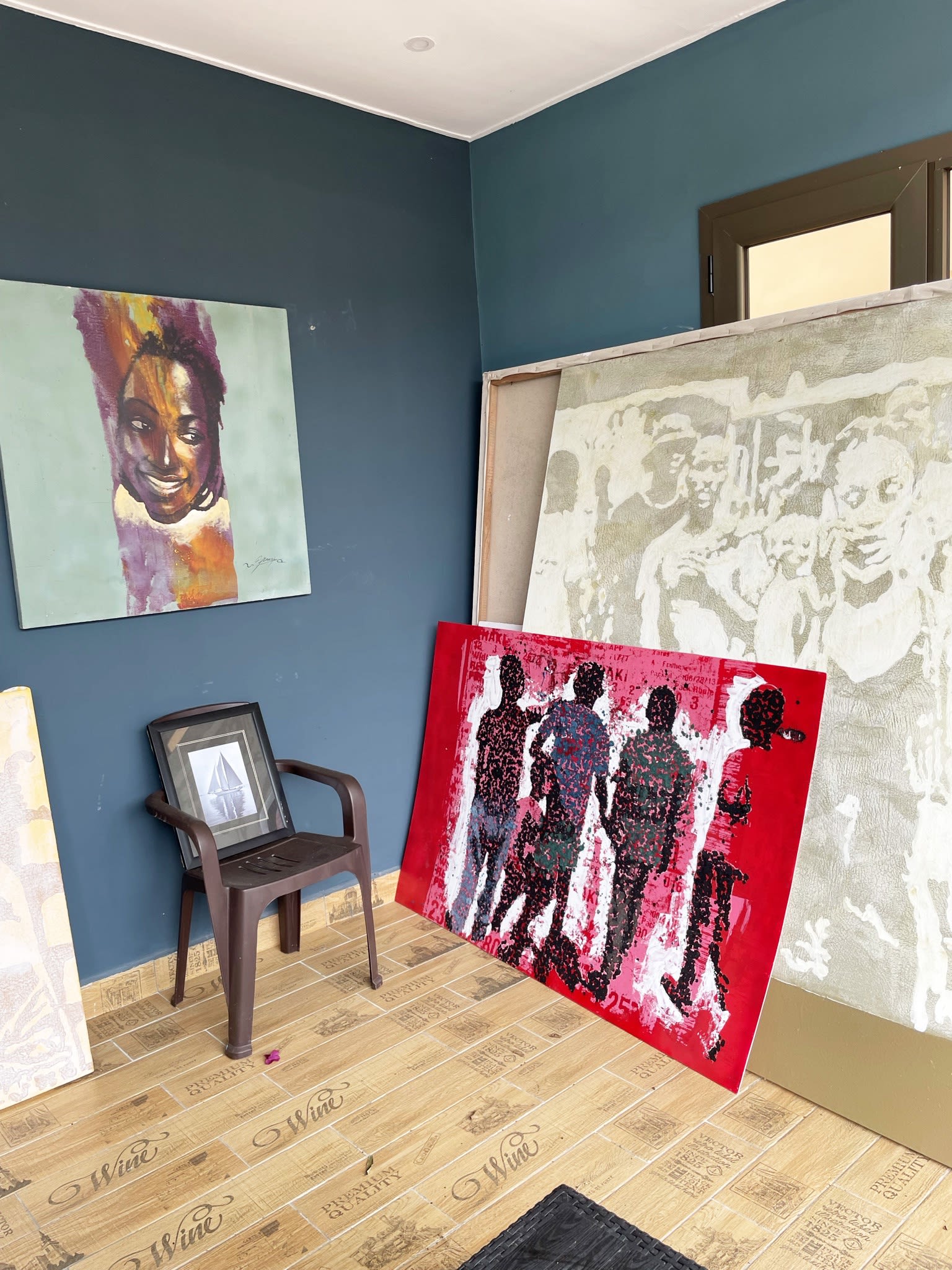 artworks by Saint-Etienne Yeanzi in his studio