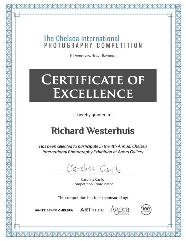 Richard Westerhuis - The Chelsea International Photography Competition Certificate