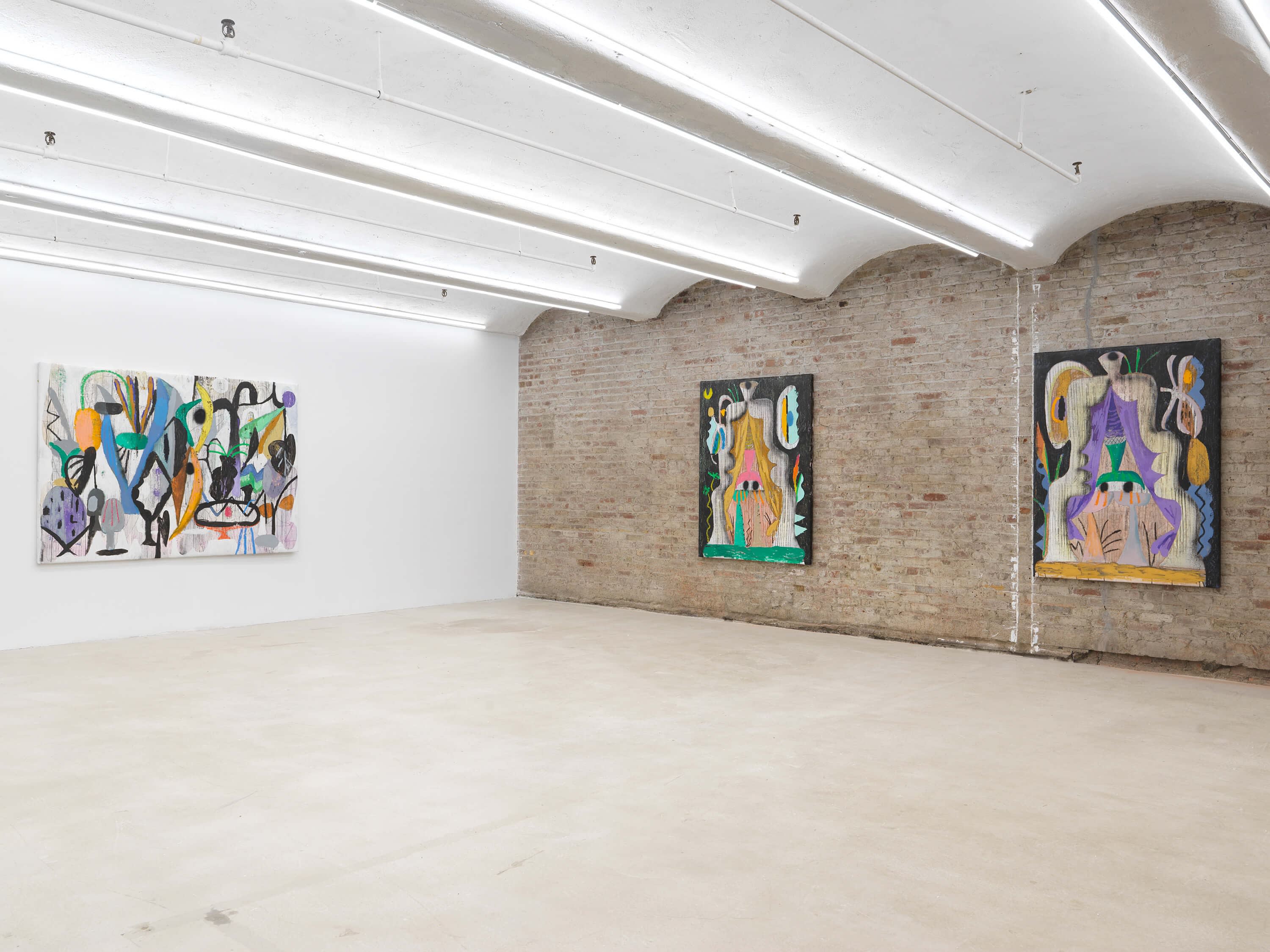 Installation view of three paintings by József Csató on view at the gallery