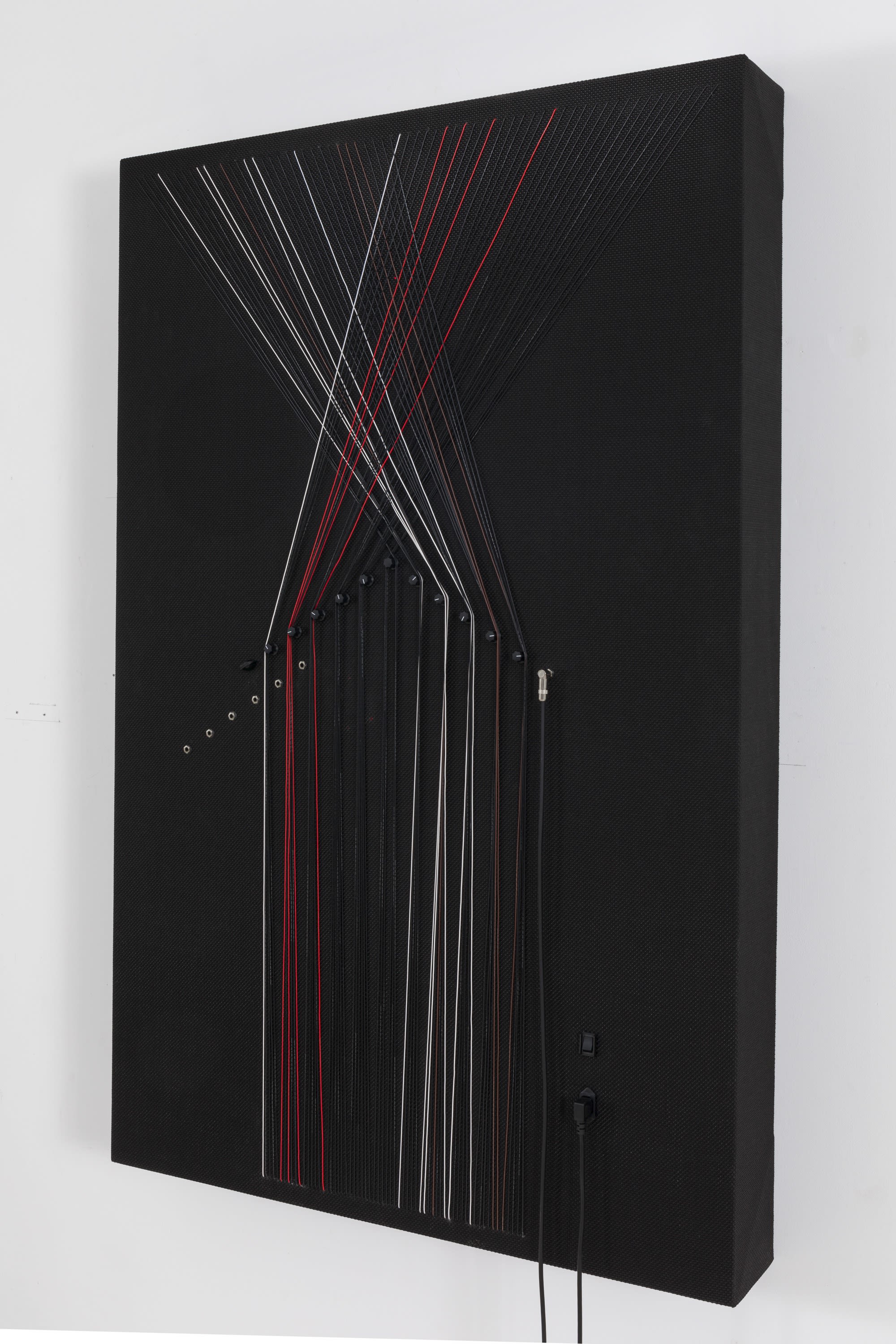 Naama Tsabar, Transition, 2019, Wood, amp grill cloth, cables, disassembled Boss Katana 100 guitar amplifier: knobs, wires, circuit board, ports, speaker, 63 x 40 5/8 x 6 1/2 inches