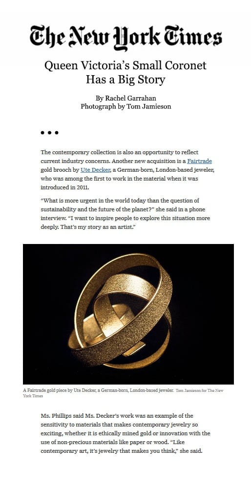 New York Times Article featuring Fairtrade Gold brooch by Ute Decker