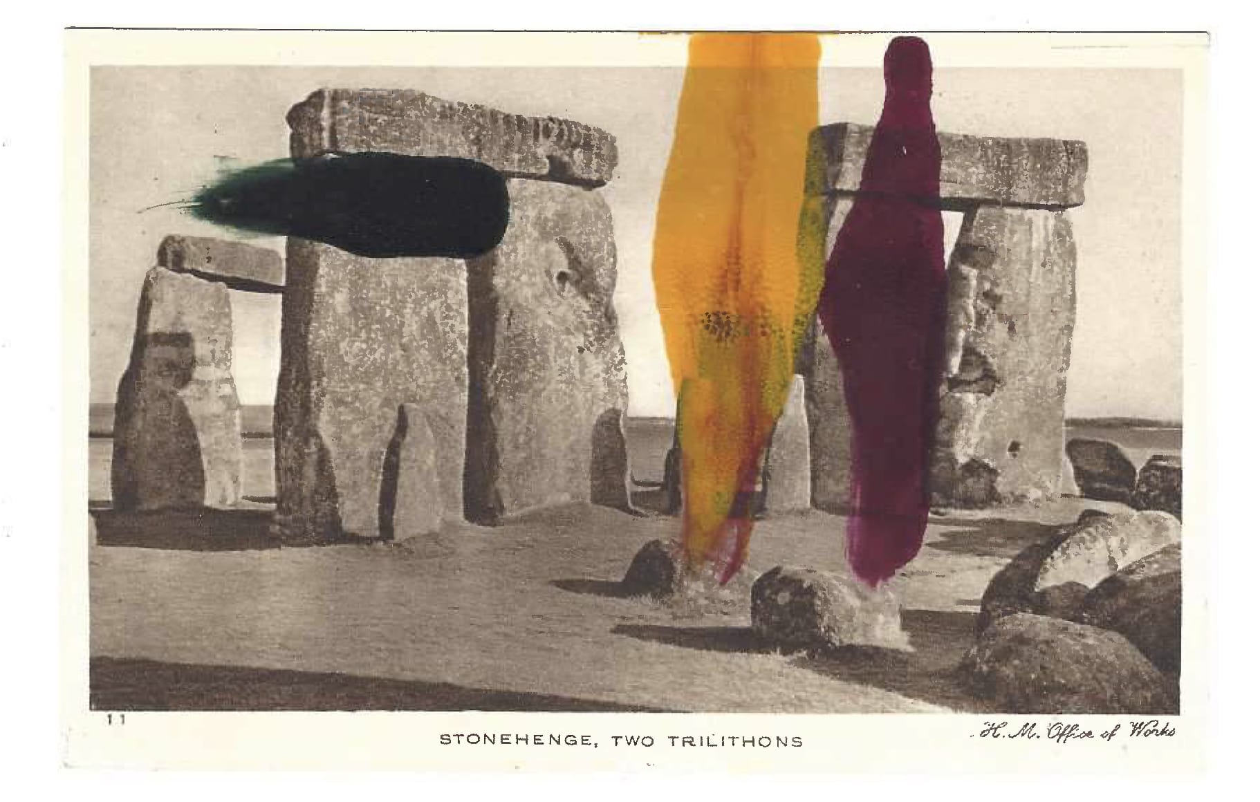 Tacita Dean Found Postcard Monoprint (Two Trilithons), 2018