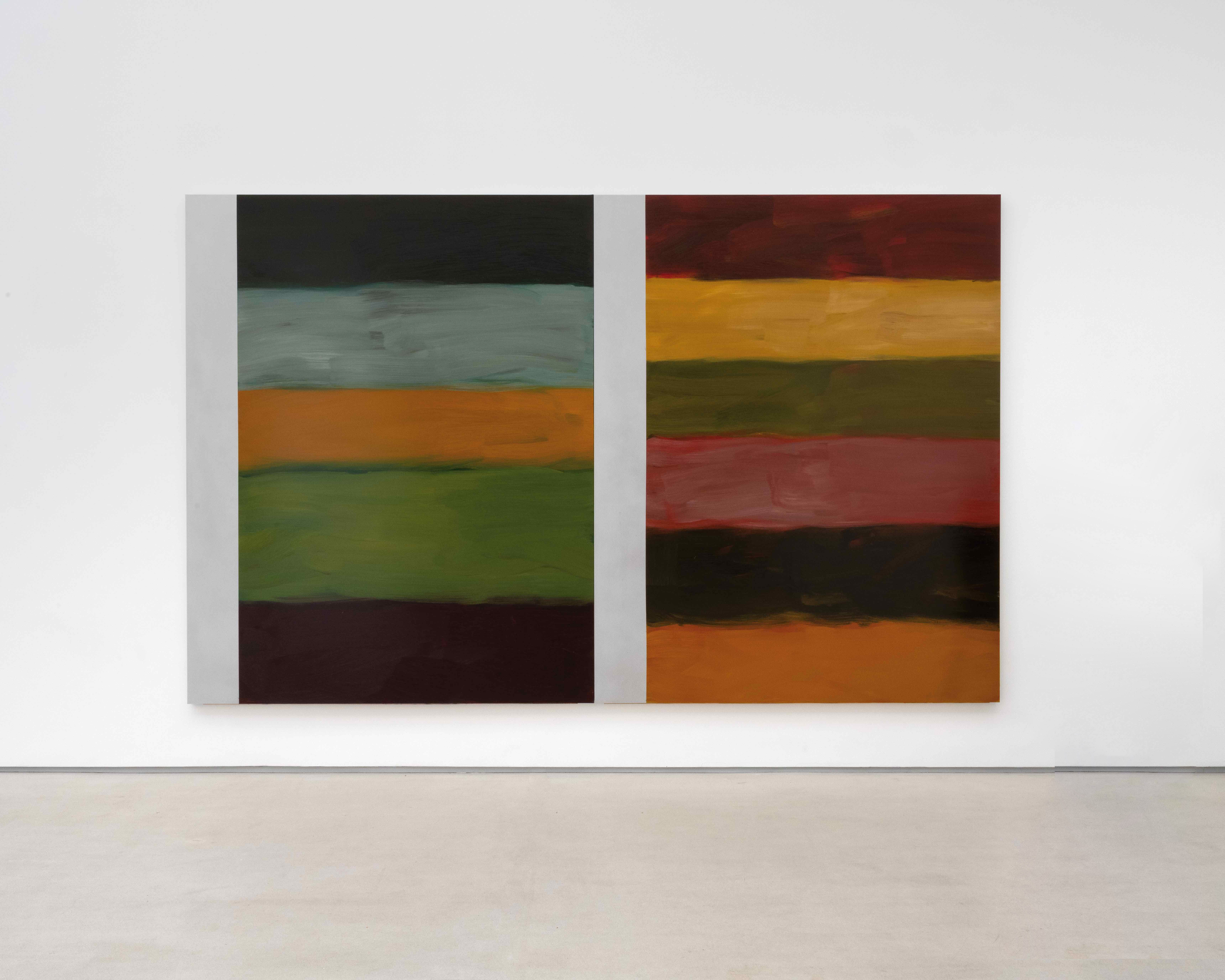 Painted in oil on aluminium, the large-scale Mirroring works are divided into two sets of coloured stripes that mirror each...