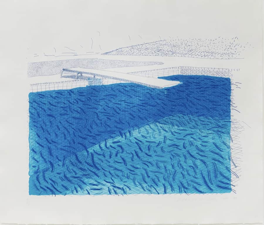 David Hockney Lithographic Water made of Lines, Crayon and Two Blue Washes Without Green Wash Lithograph