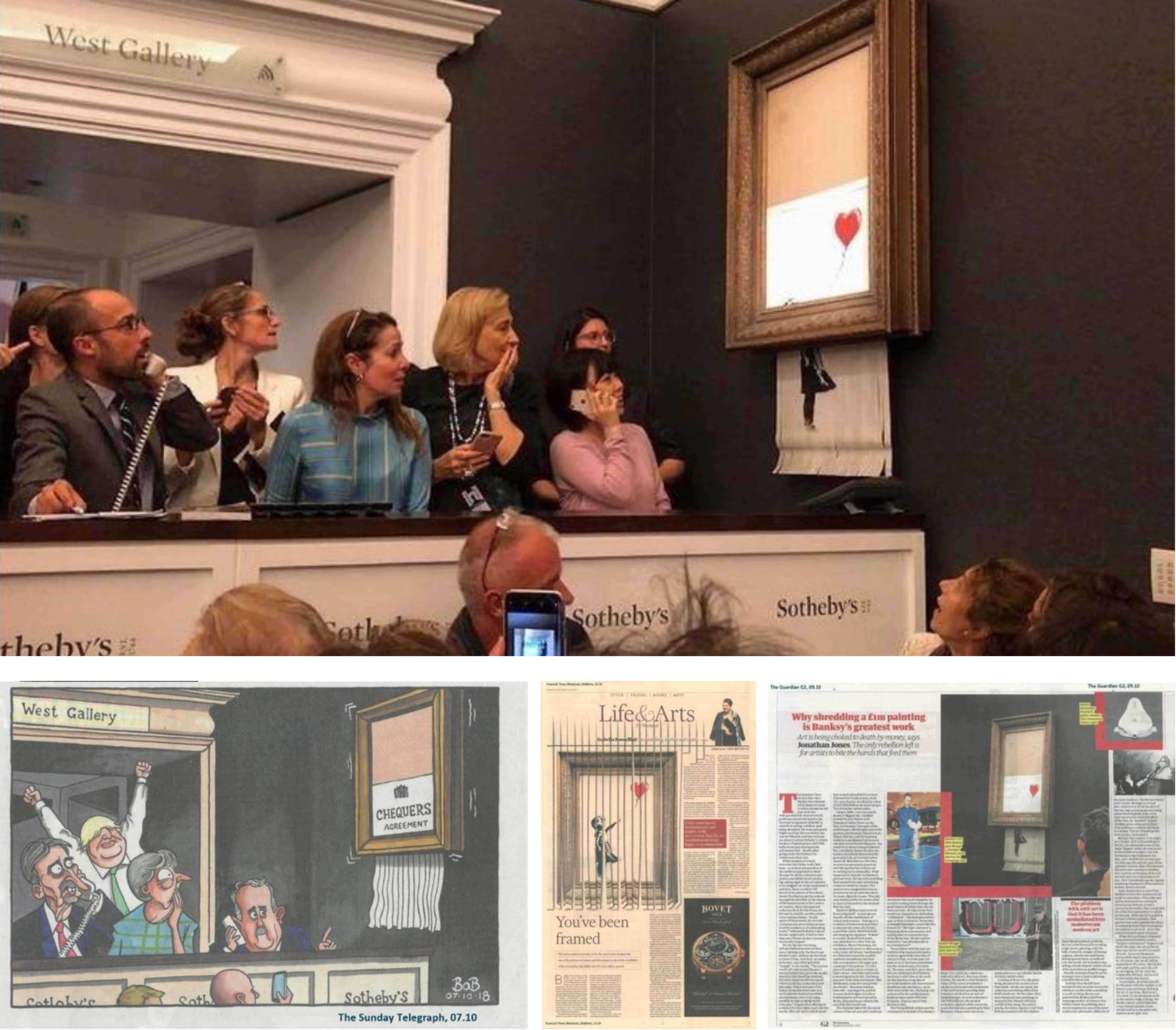 4 Images: A crowd watches as the original Banksy artwork, 'Love is in the Air' is shredded to become the most expensive Banksy investment, 'Love is in the Bin.' A Life & Arts section newspaper article about the making of the original Banksy artwork, 'Love is in the Bin' suggests the time is ripe for buying Banksy art. A newspaper article about the highest Banksy investment of all time, 'Love is in the Bin.' A newspaper cartoon shows the prank that made the original Banksy art, 'Love is in the Bin' creating the highest Banksy investment ever.