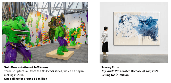 Jeff Koons' Hulk Elvis sculptures, which he began making in 2004, at Frieze New York 2025.