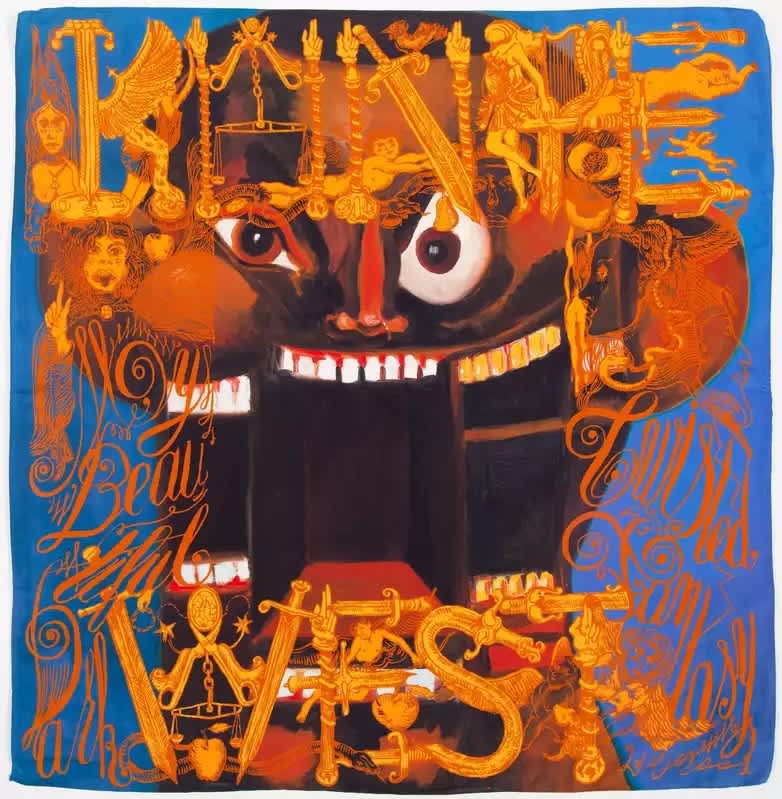 A Kanye West George Condo My Beautiful Dark Twisted Fantasy Album Cover shows bright and grotesque abstract faces with many mouths