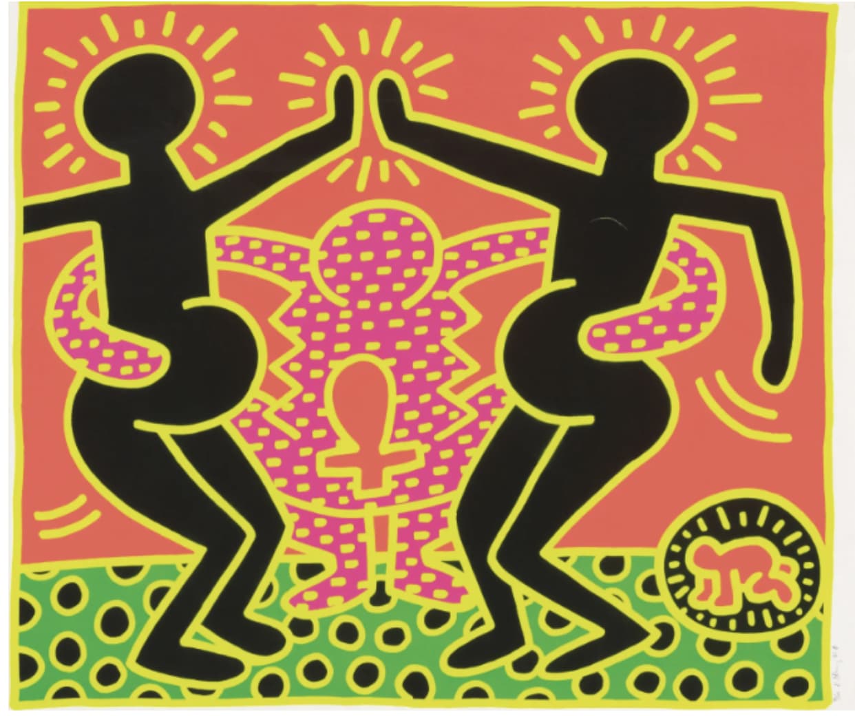 This 1983 Contemporary political art screen print, 'Fertility Suite Untitled 4,' was created by Keith Haring, as art for political change, to highlight the prevalence of HIV among pregnant women in Africa.