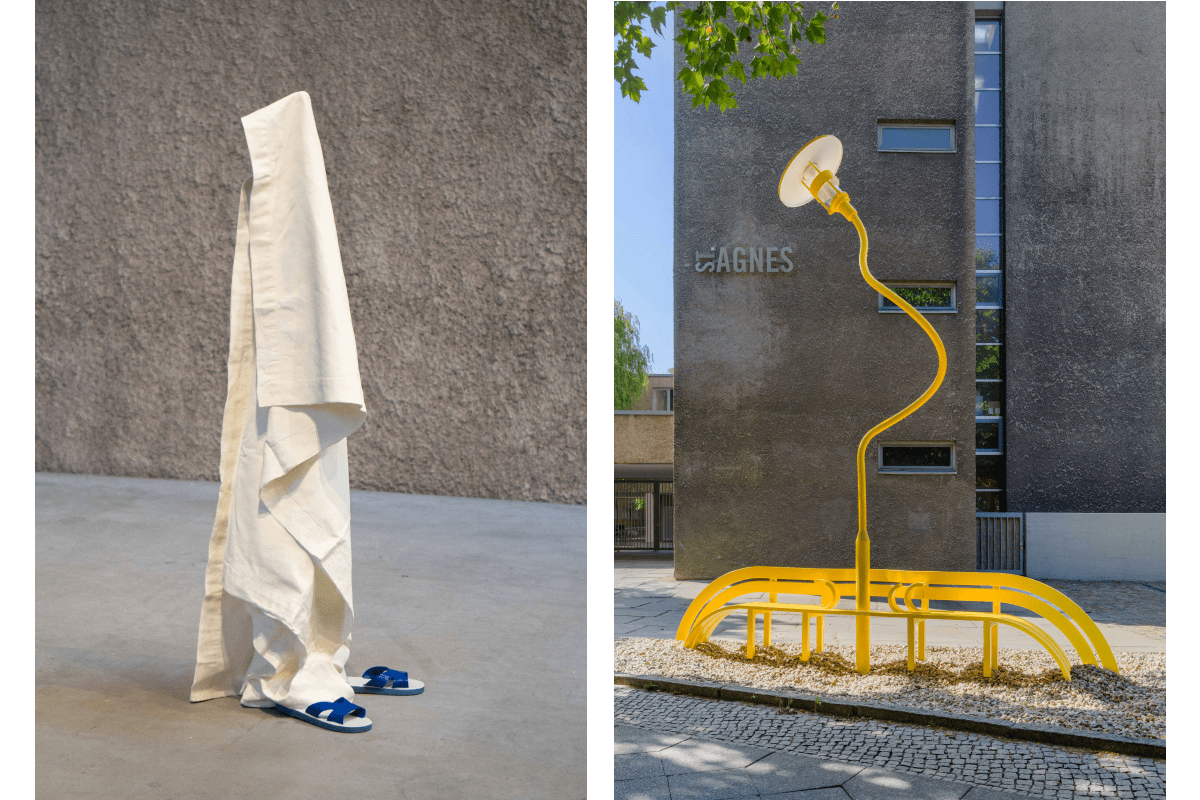 Images: eft: Erwin Wurm - Yikes (Substitutes), Photo by Roman März / right: Jeppe Hein - Yellow Modified Social Bench #11, 2023 Photo by Roman März. Courtesy of the Artist and KÖNIG GALERIE