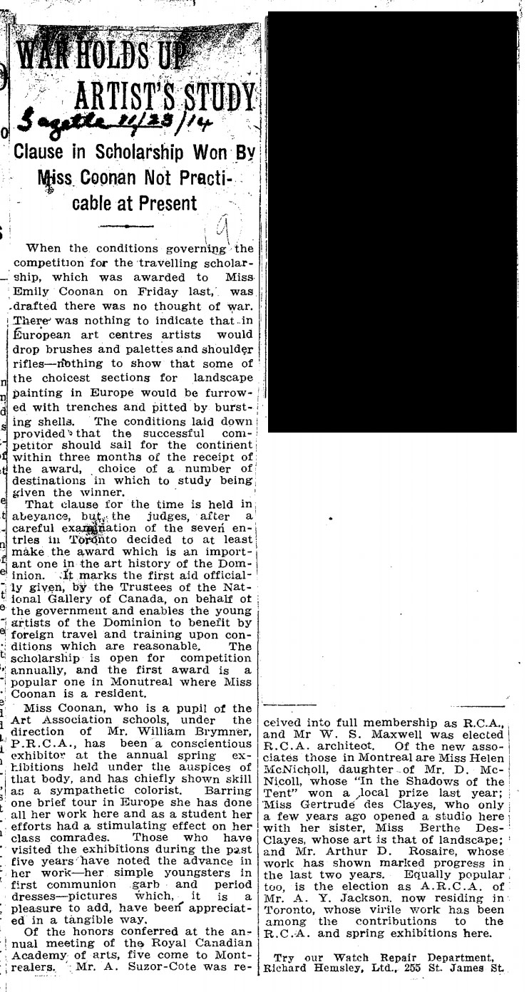 “War Holds up Artist’s Study”, Montreal Gazette, 23 November 1914