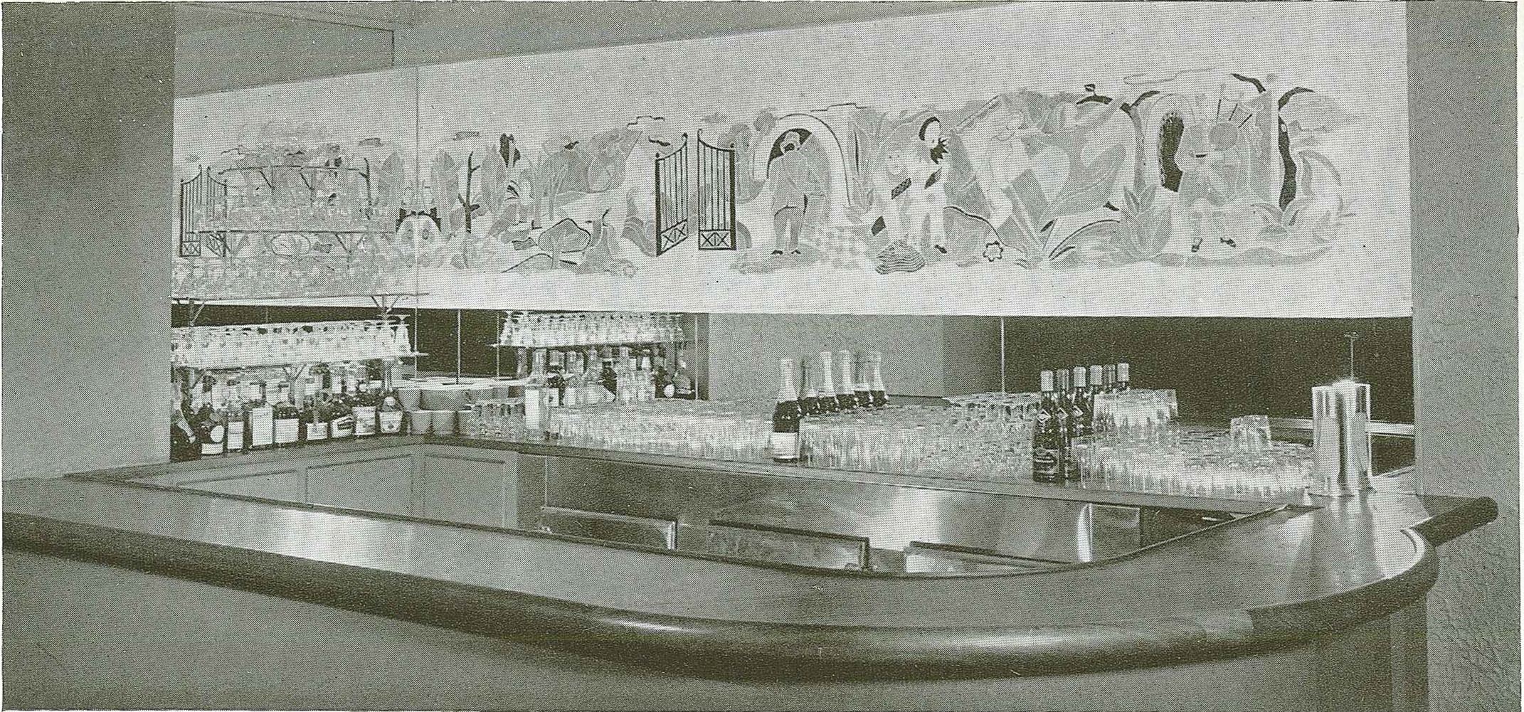 Brandtner's Mural above the bar in the Berkeley Hotel, Charles Geoffrey Holme, ed., Decorative Art: The Studio Yearbook, 1942, p. 78, courtesy of Soren Schoff,  LSA - Public Services, Kohler Art Library, University of Wisconsin - Madison, Madison, Wisconsin, USA