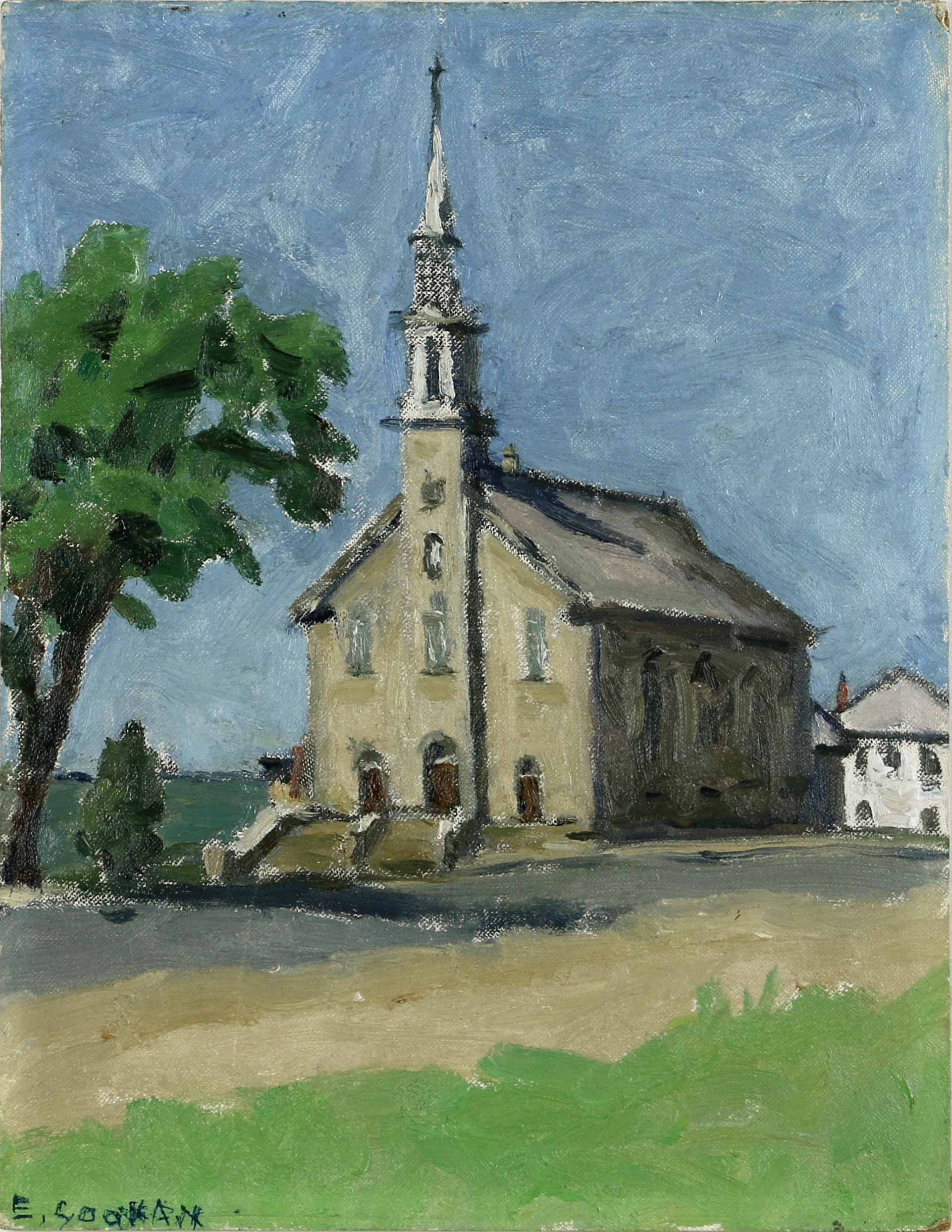 Emiy Coonan, Church at Notre-Dame-du-Portage (Near Cacouna) Oil on canvas board, 14 x 11 in (35.6 x 27.9 cm)