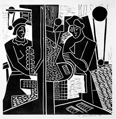 Fritz Brandtner, Machine Shop, 1938, linocut on paper, Glenbow Museum Collection, Access. No. 995.018.090 