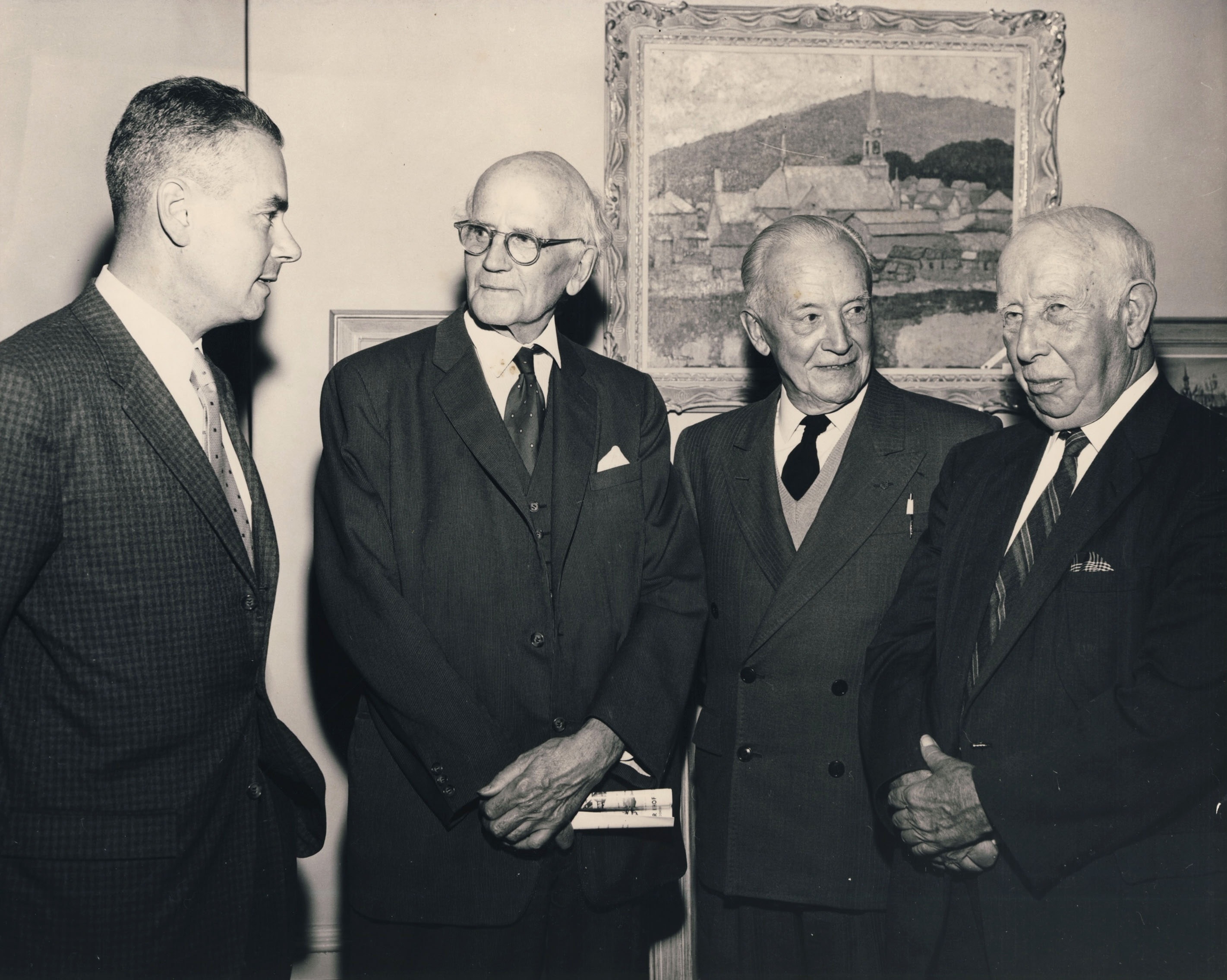 Walter Klinkhoff, Arthur Lismer, Edwin Holgate, and A.Y. Jackson at the Randolph Hewton Retrospective at Walter Klinkhoff Gallery in October 1962