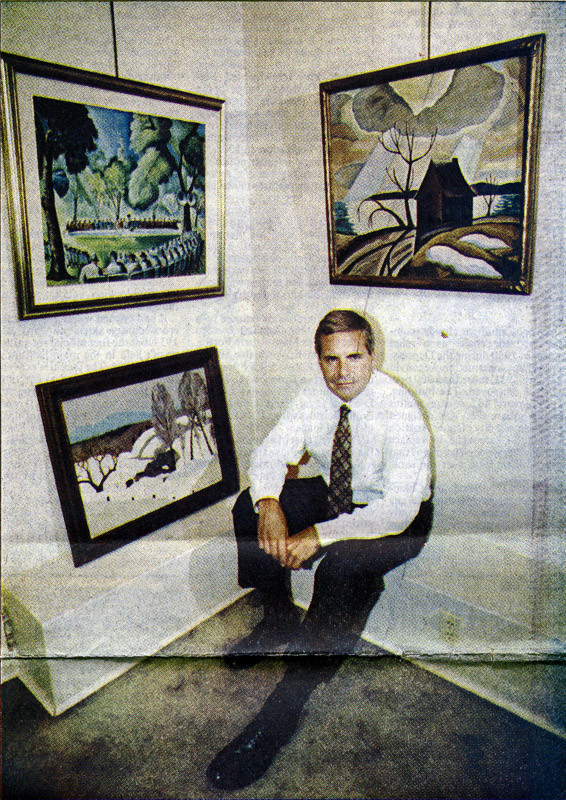 Eric Klinkhoff, a director of Galerie Walter Klinkhoff, and three of Sarah Robertson's oil paintings.