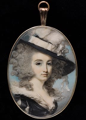 George Engleheart, Portrait miniature of Elizabeth Juliana Monro (or Munro) (1768-1804), wearing black dress with sleeves slashed to reveal white, white lace collar, a wide-brimmed plumed hat over her powdered hair, late 18th century