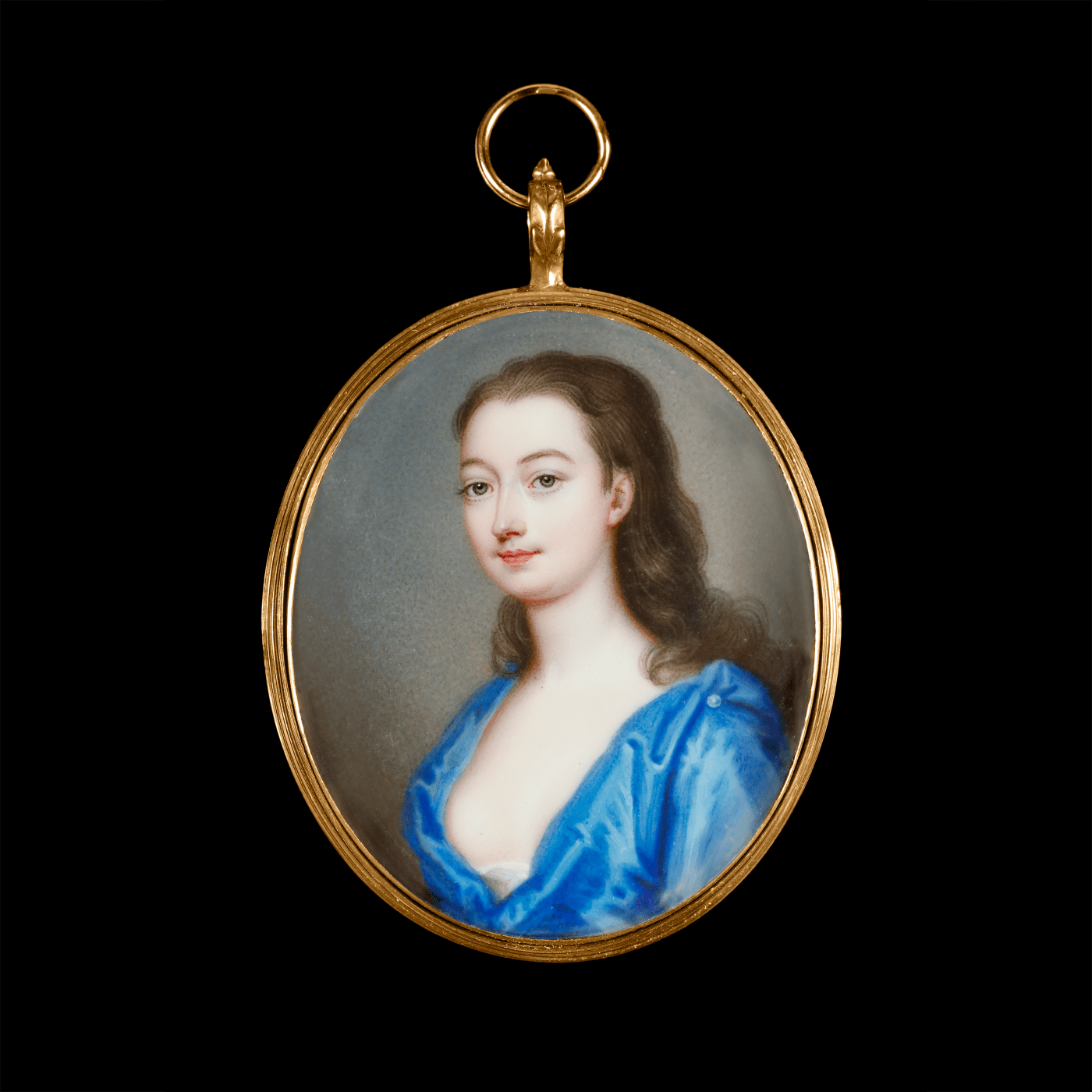 Christian Friedrich Zincke, Portrait enamel of a Lady, wearing blue, draped classical gown over white chemise, c. 1720