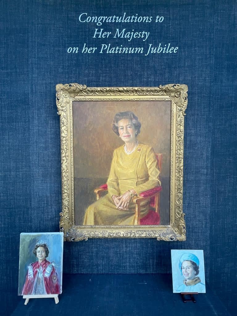 these three portraits of queen elizabeth i will be decorating our shop front over this upcoming jubilee weekend in celebration of the queens platinum jubilee