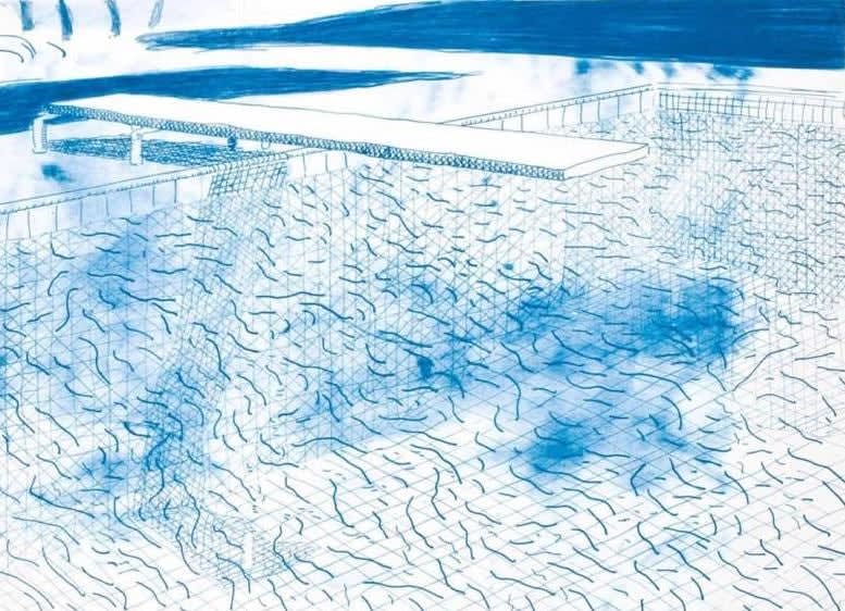 David Hockney, Lithograph of Water Made Of Lines, Blue Wash