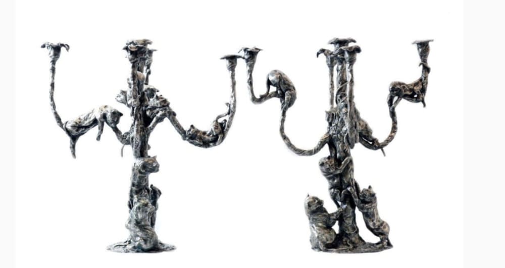 Jose-Maria David - Pair of French silver plated bronze five light candelabra with panthers
