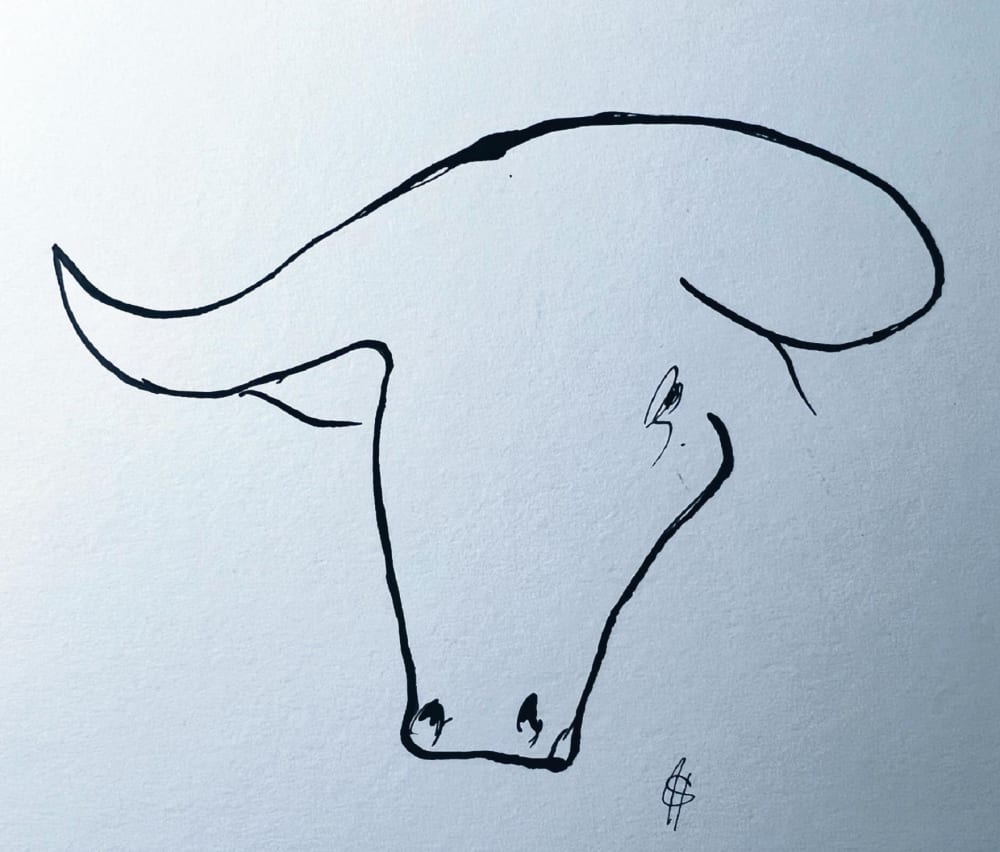 Shabs Beigh Bull Head In Ink 2023 Blue And Beigh Art