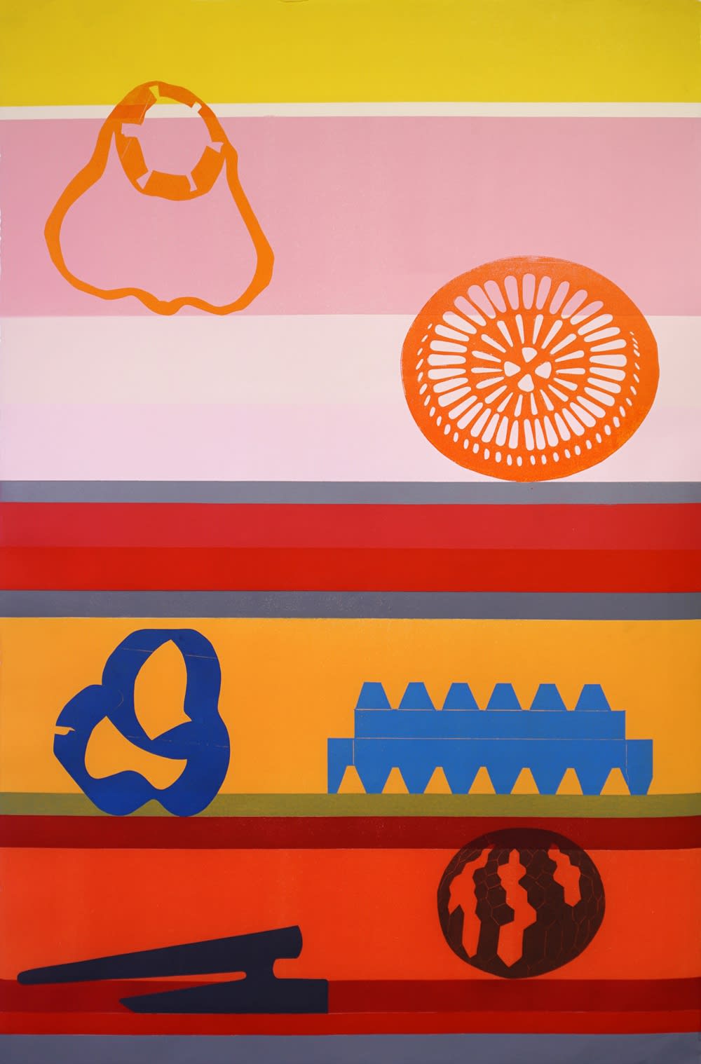 Claire Willberg Shelf Series 2 relief print. Silhouettes of discarded items found by the artist in blue, black, yellow and grey accompany an orange and pink striped shelf background.