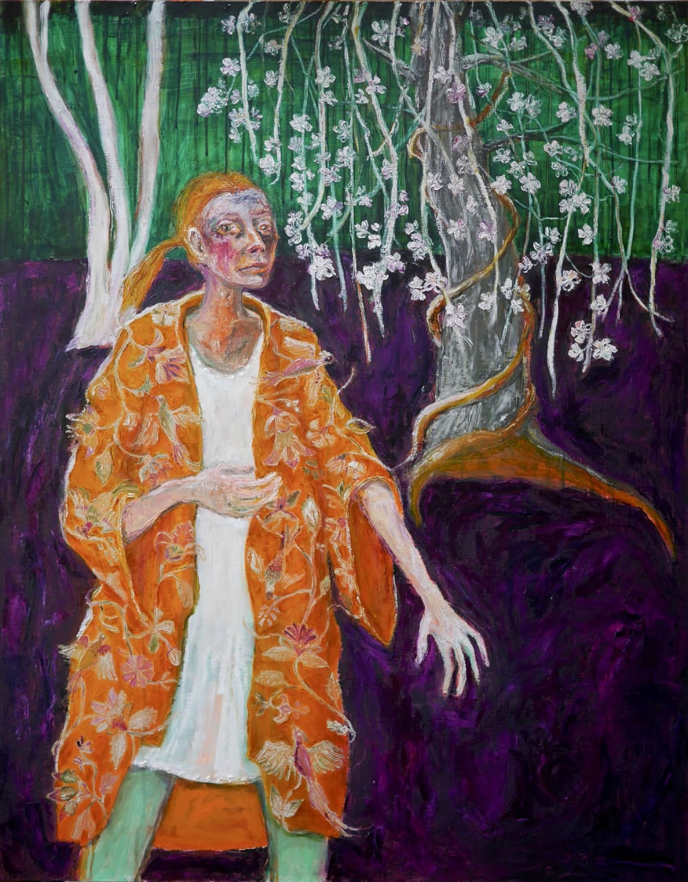 Rebecca Swainston oil painting of a figure in an orange coat next to a white tree on a purple background