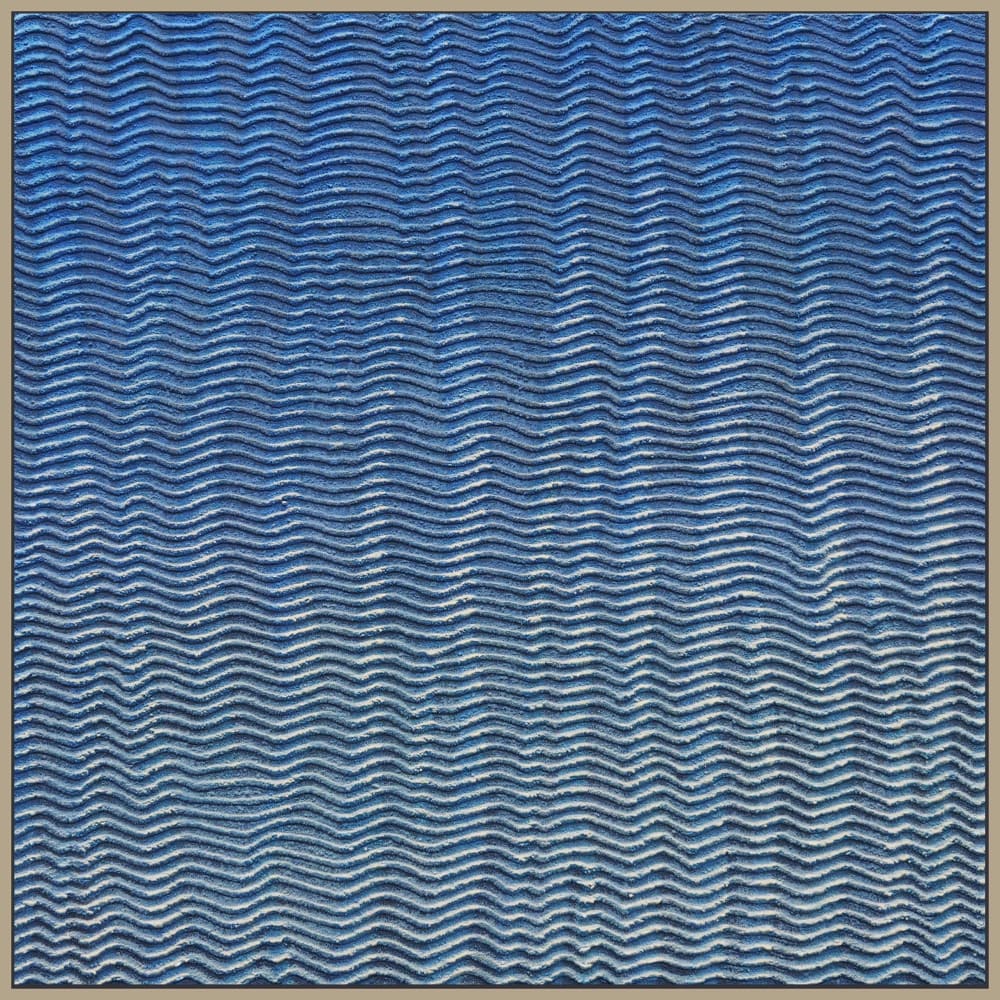 Martha Winter painting at Sarah Wiseman Gallery, textured piece in blues & sand, the pattern flows rhythmically across the composition