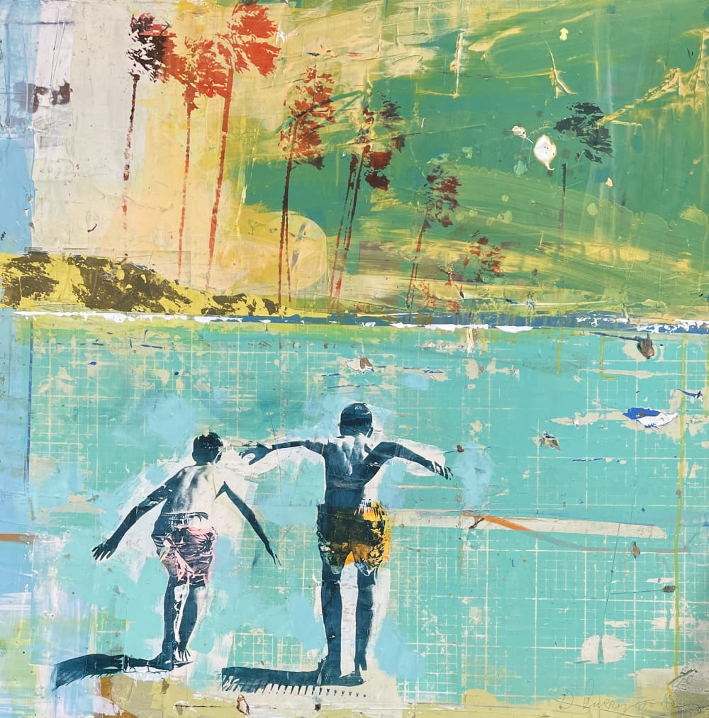 Dan Parry-Jones at Sarah Wiseman Gallery, two boys stand ready to jump into a turquoise sea with palm trees on the horizon