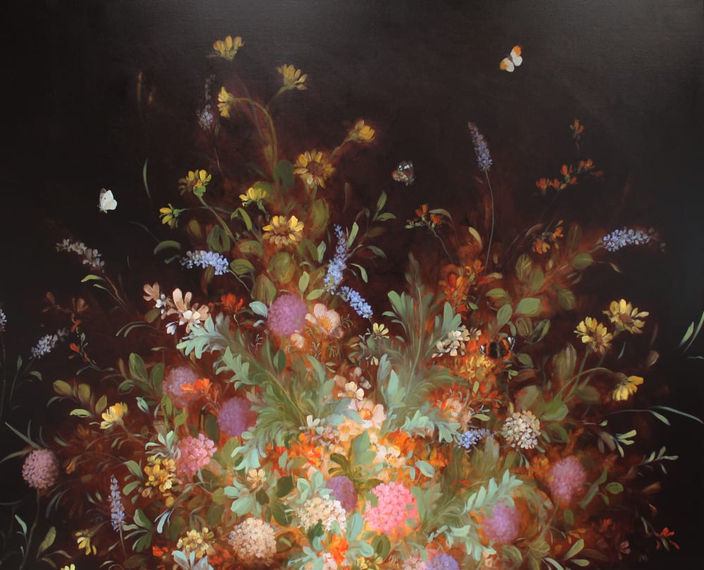 Fletcher Prentice oil painting in a dutch golden age style of an array of wild flowers with red admiral butterflies hovering above.