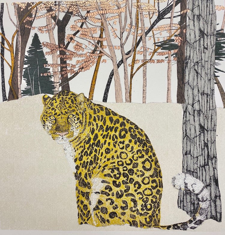 Clare Halifax screen print, showing seated leopard in the foreground in a wooded landscape in green and pink with shimmering details.