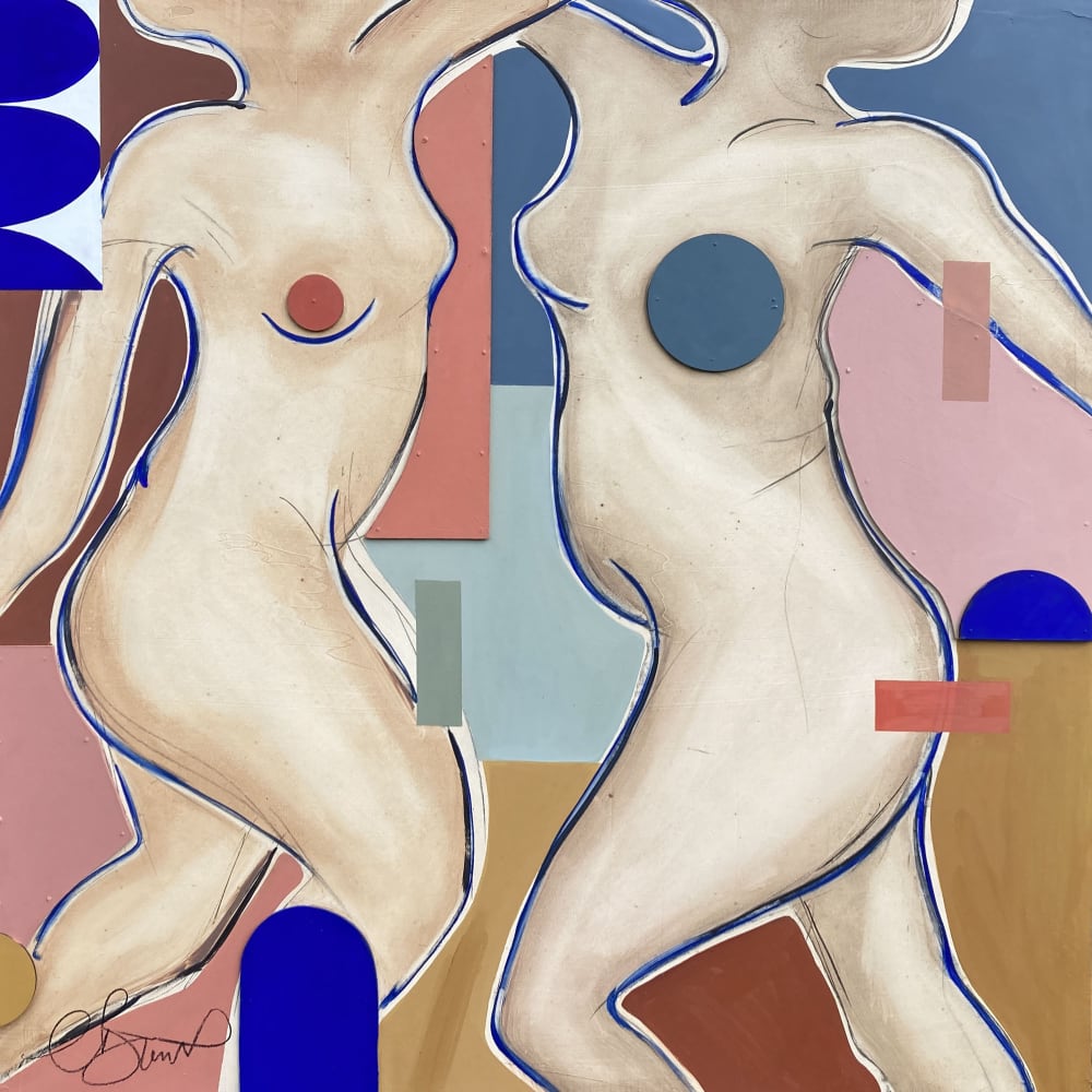 Clare Bonnet painting of two female nude figures shown dancing against a background of geometric shapes in soft pinks, browns and bright blue, some overlapping the figures.