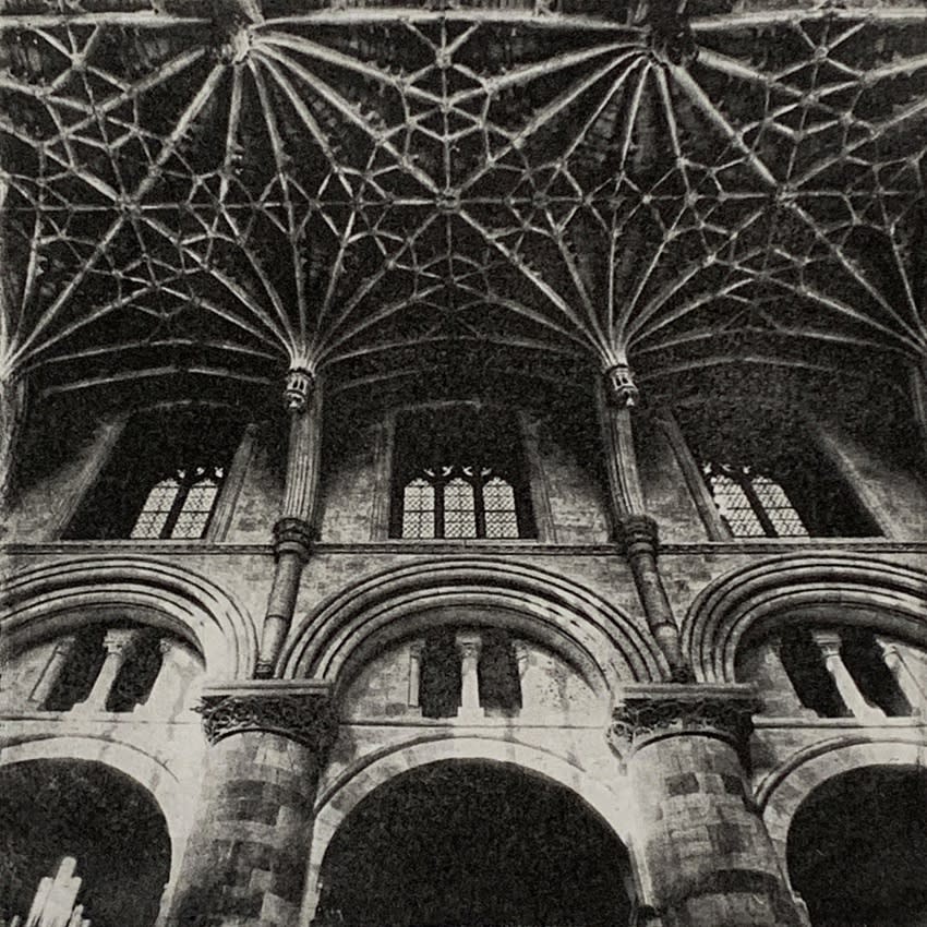 Lindsey Moran tonal black and white print of a gothic vaulted cathedral ceiling.