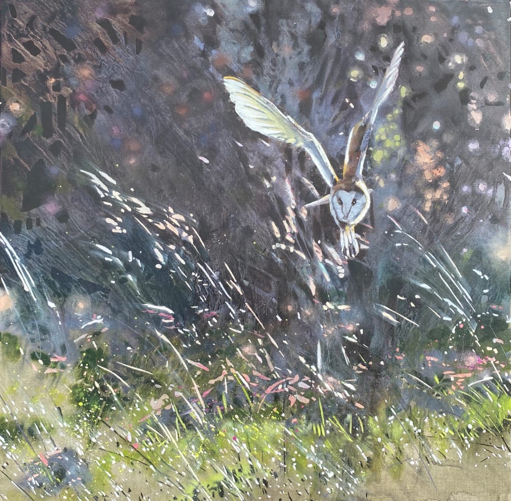 James Fotheringhame painting, a barn owl in flight across a meadow, the hedgerow behind in deep purples and green grasses in front