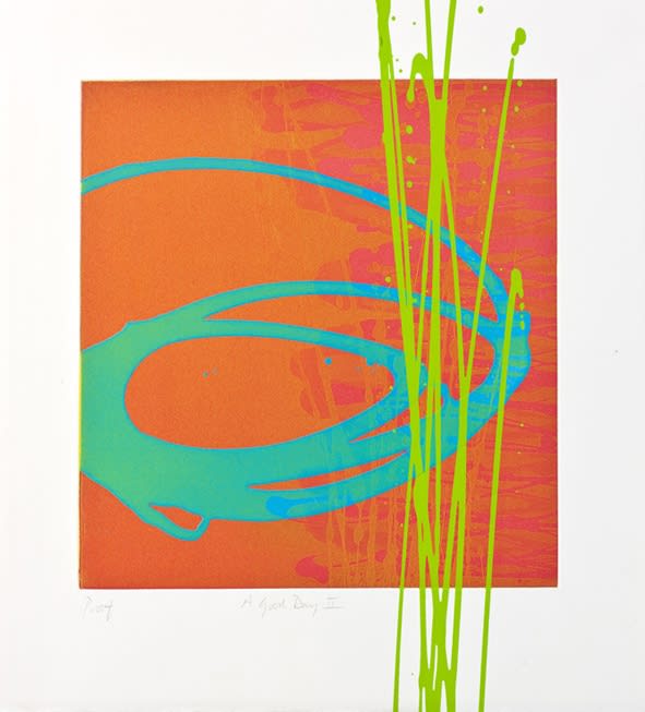 Charlotte Cornish abstract etching in oranges with an aqua circle and lime green lines
